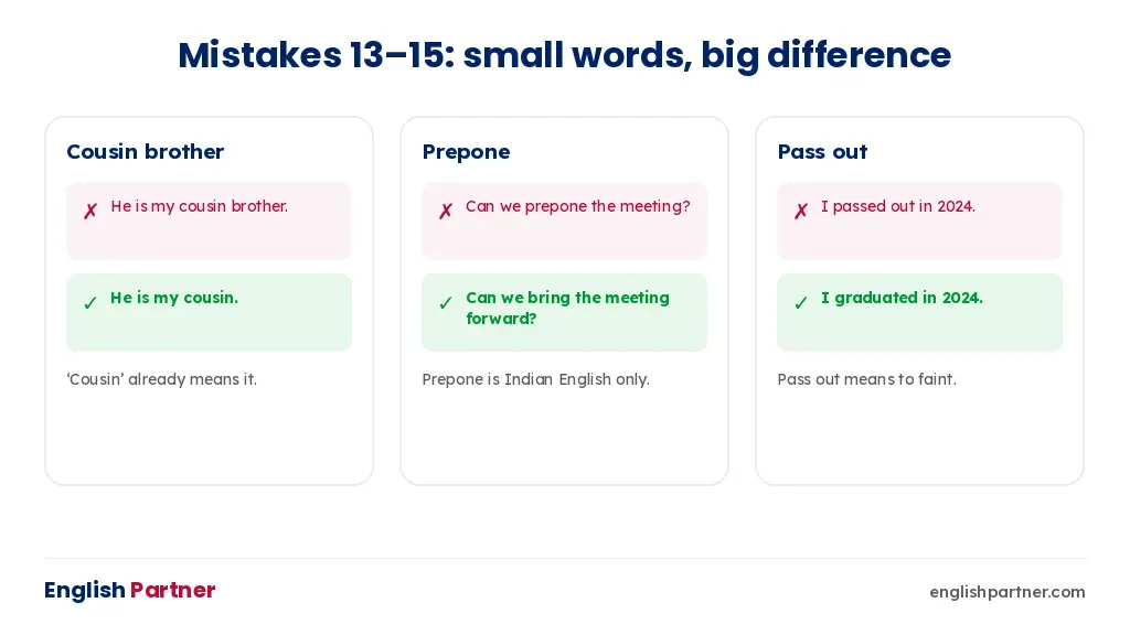 Mistakes 13 to 15: cousin brother, prepone, passed out – with corrections