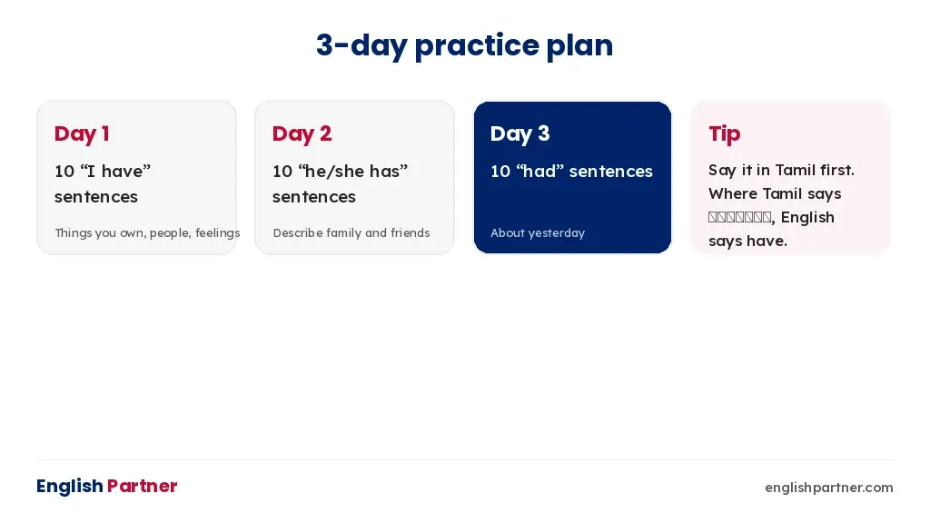 Three-day practice plan for have, has and had