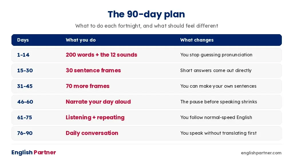A 90-day plan to learn English in Telugu with what changes each fortnight