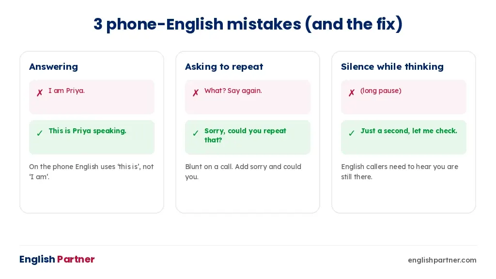 Three common telephone English mistakes with corrections